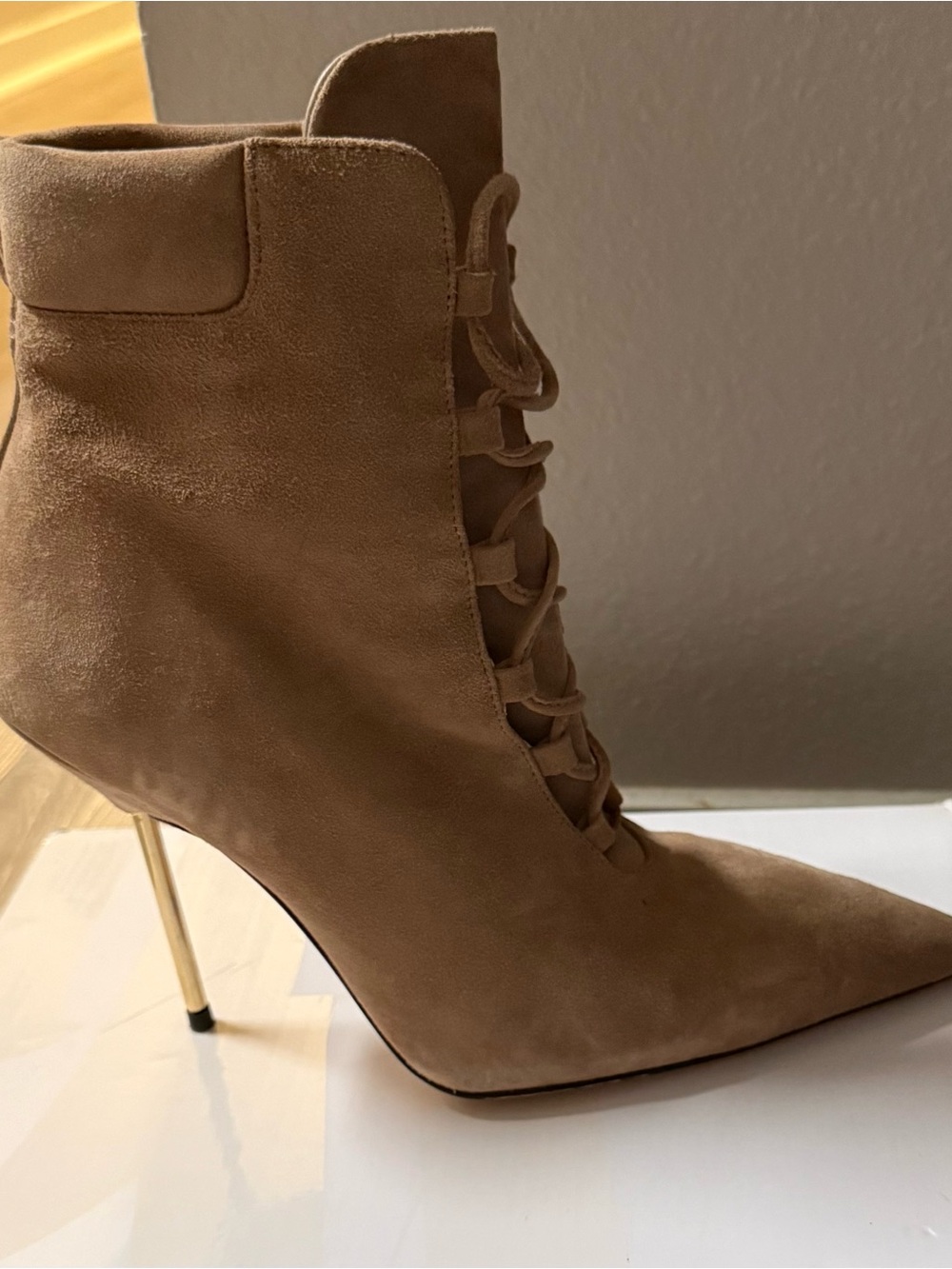 Good American Tan Suede Lace-Up Stiletto Ankle Boot